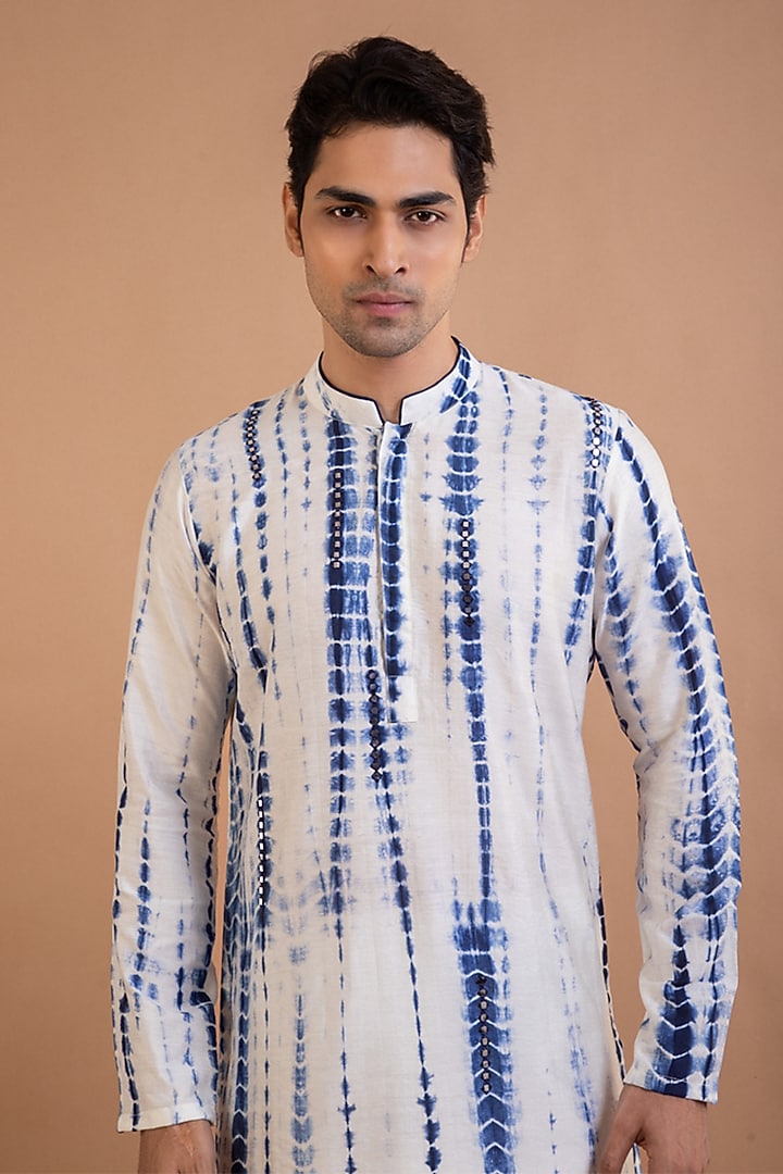 Navy Blue Cotton Silk Mirror Embroidered & Tie-Dyed Kurta Set by PRIYANKA HARALALKA at Pernia's Pop Up Shop