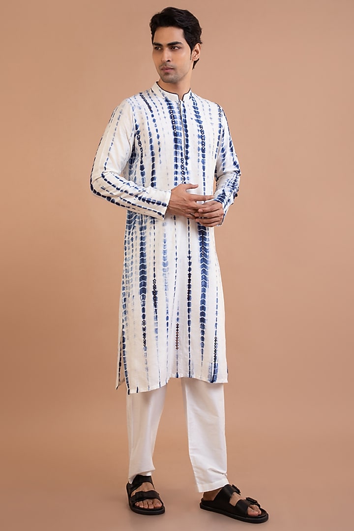 Navy Blue Cotton Silk Mirror Embroidered & Tie-Dyed Kurta Set by PRIYANKA HARALALKA at Pernia's Pop Up Shop