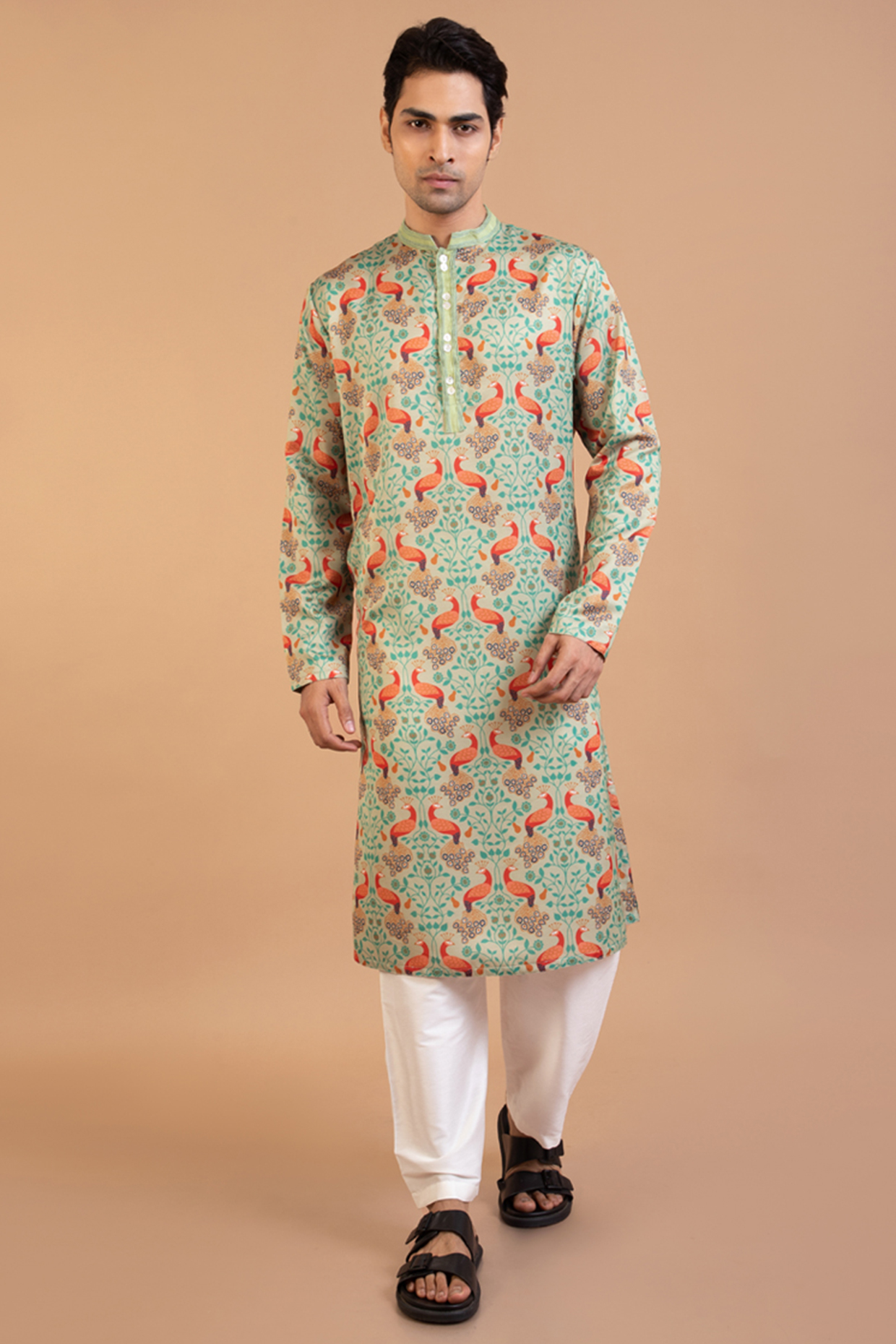 Pista Green Linen Satin Peacock Printed Kurta Set by PRIYANKA HARALALKA