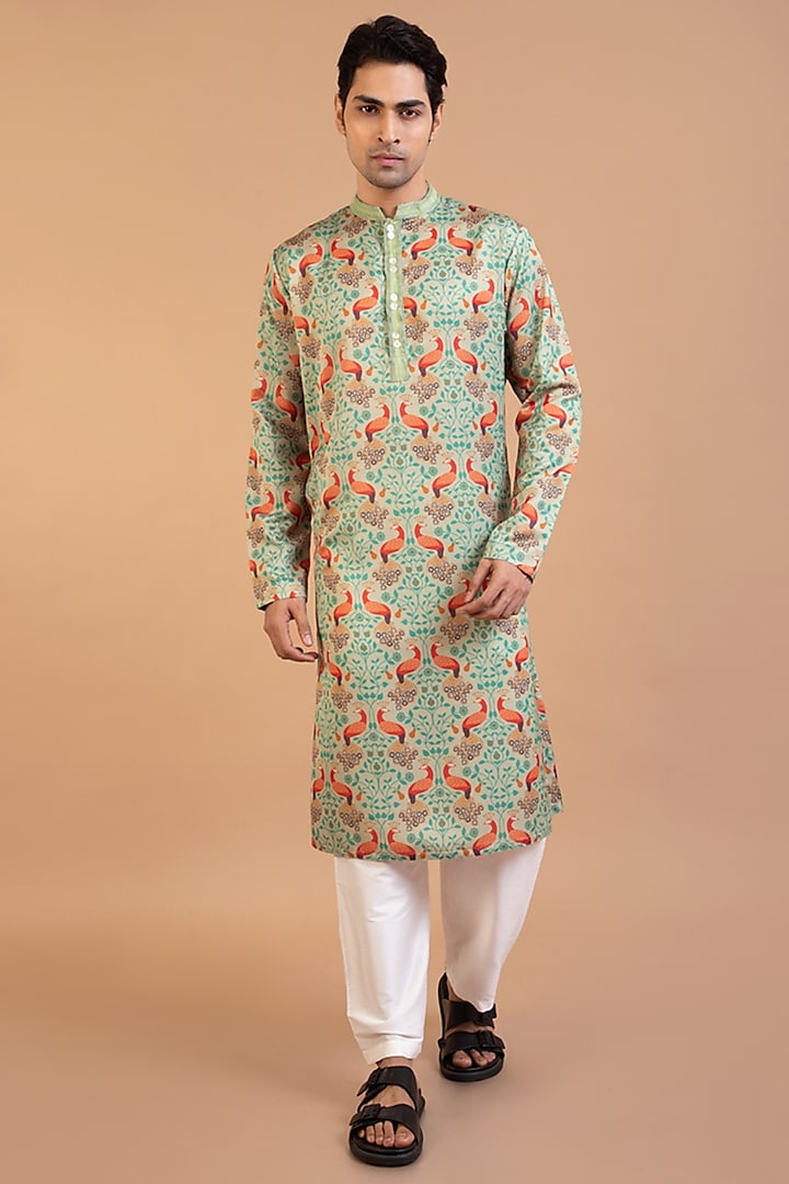 Pista Green Linen Satin Peacock Printed Kurta Set by PRIYANKA HARALALKA