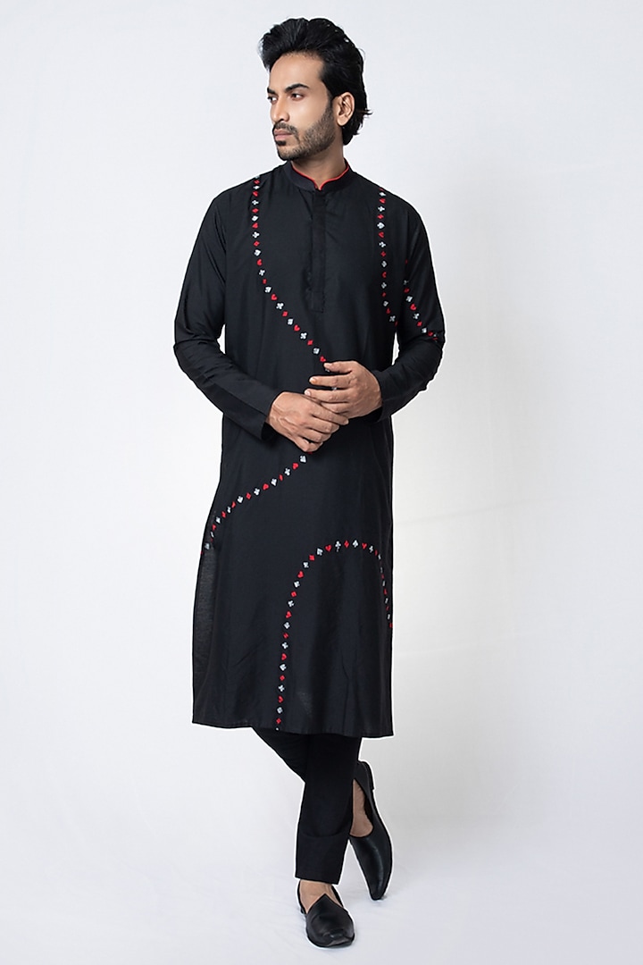 Black Cotton Silk Embroidered Kurta Set by PRIYANKA HARALALKA