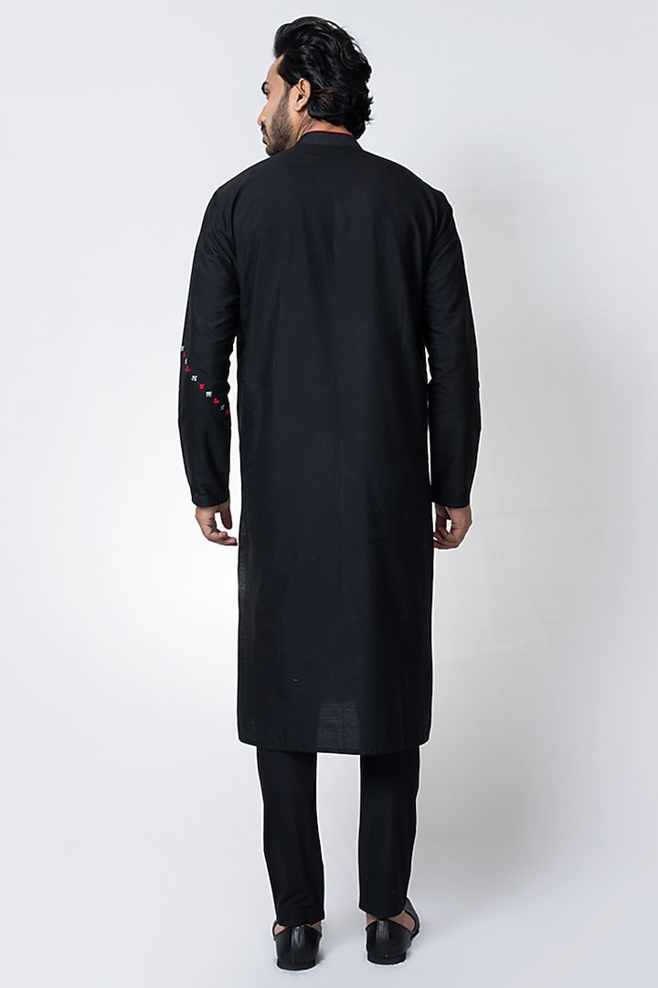 Black Cotton Silk Embroidered Kurta Set by PRIYANKA HARALALKA at Pernia's Pop Up Shop