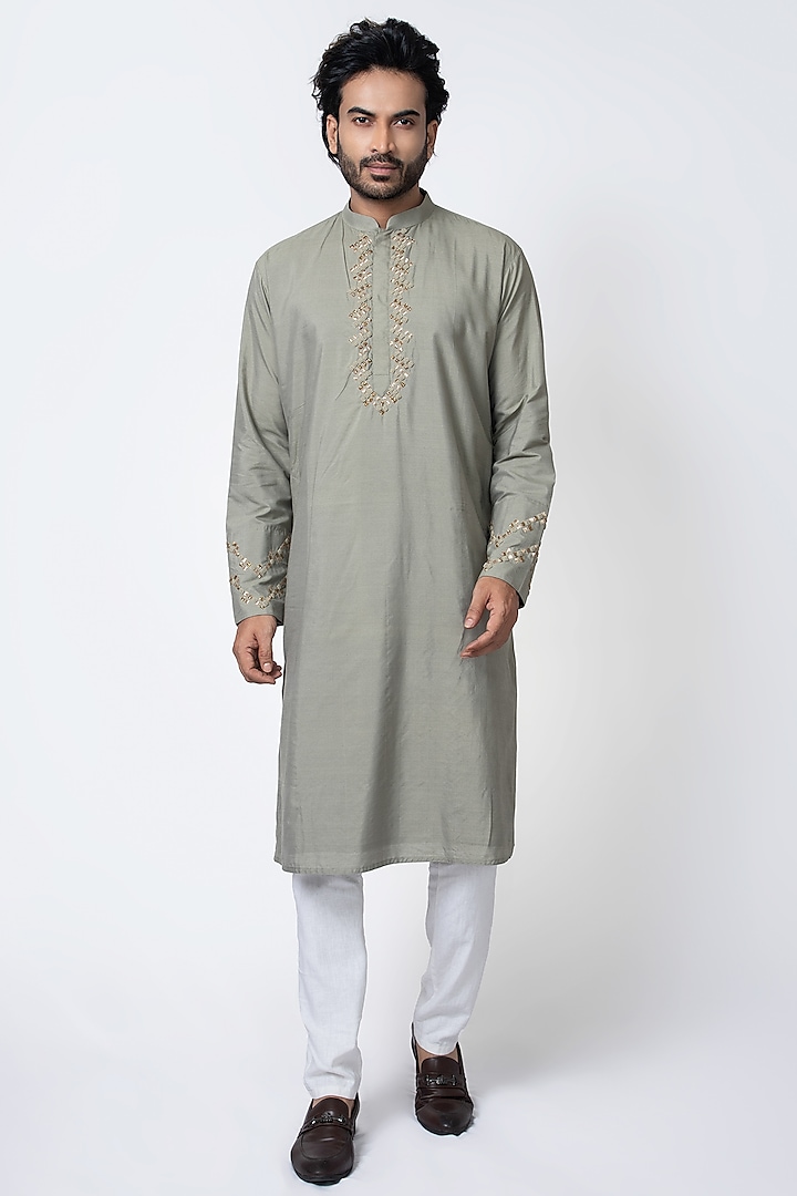 Grey Cotton Silk Zardosi Hand Embroidered Kurta Set by PRIYANKA HARALALKA