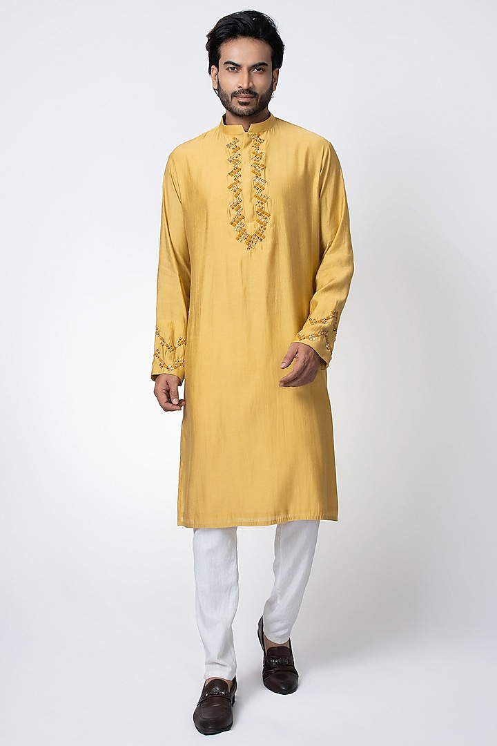 Mustard Cotton Silk Zardosi Hand Embroidered Kurta Set by PRIYANKA HARALALKA