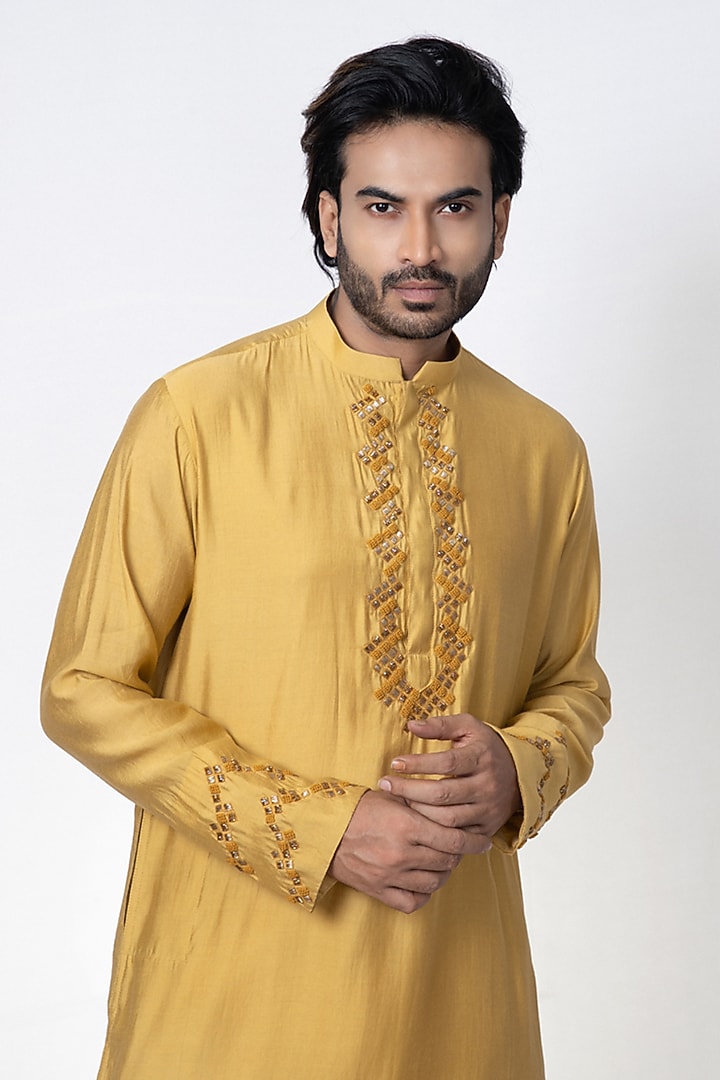 Mustard Cotton Silk Zardosi Hand Embroidered Kurta Set by PRIYANKA HARALALKA at Pernia's Pop Up Shop
