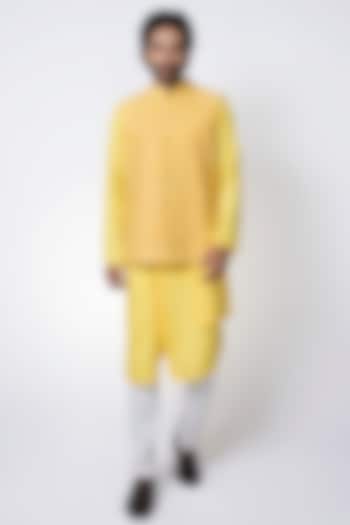 Yellow Muslin Machine Embroidered Nehru Jacket Set by PRIYANKA HARALALKA