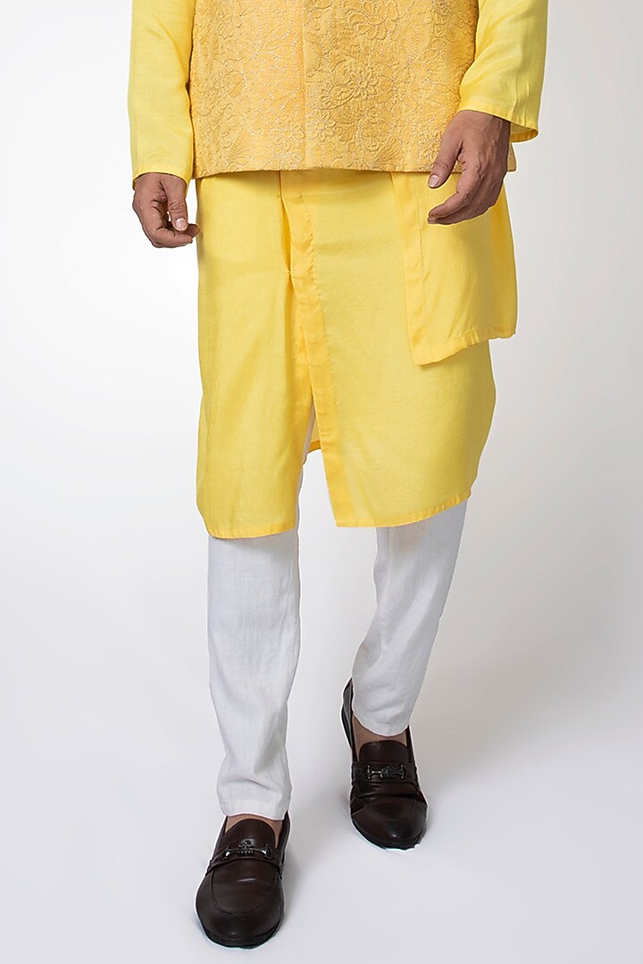 Yellow Muslin Machine Embroidered Nehru Jacket Set by PRIYANKA HARALALKA at Pernia's Pop Up Shop