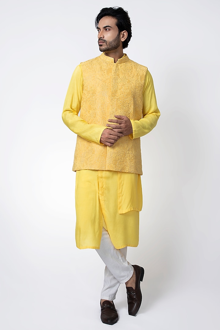 Yellow Cotton Silk Machine Embroidered Nehru Jacket by PRIYANKA HARALALKA