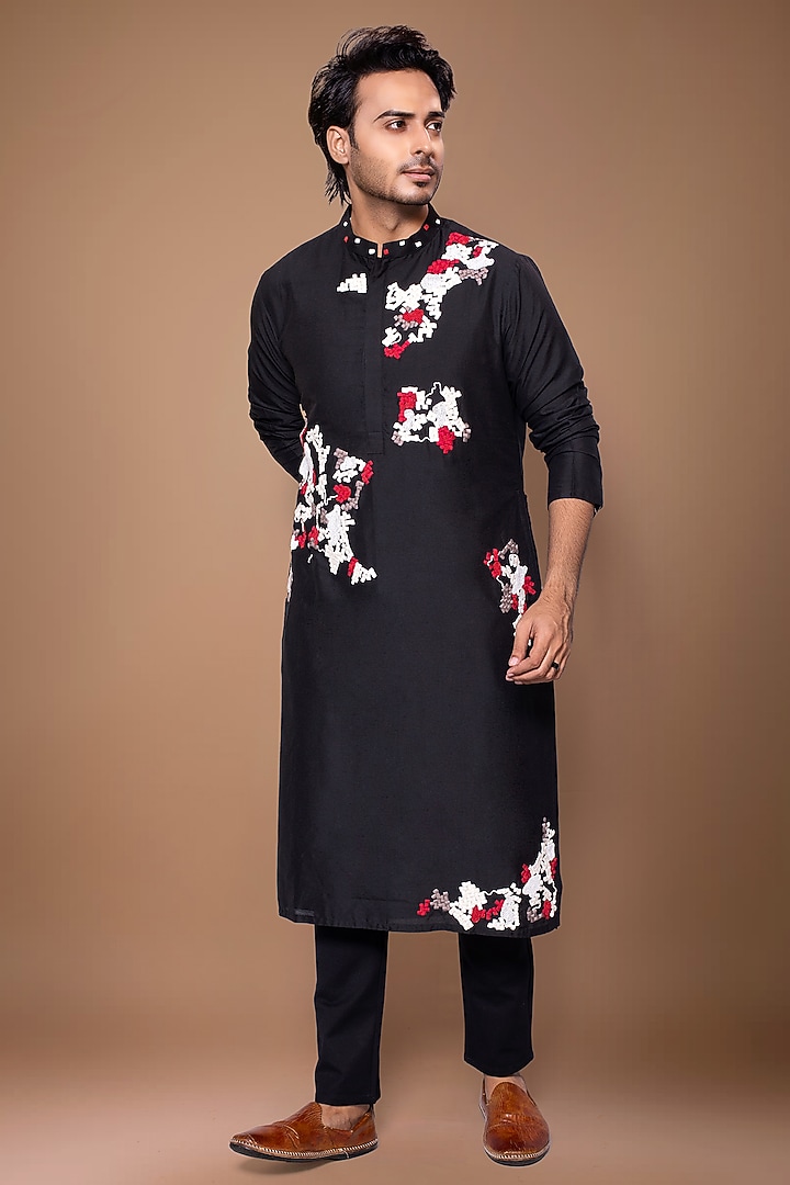 Black Cotton Silk Zardosi Hand Embroidered Kurta Set by PRIYANKA HARALALKA at Pernia's Pop Up Shop