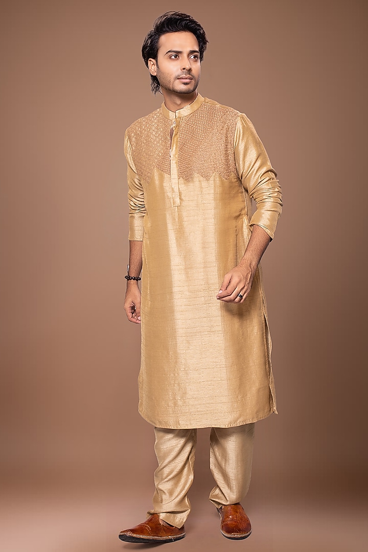 Light Brown Nysa Silk Embroidered Kurta Set by PRIYANKA HARALALKA at Pernia's Pop Up Shop