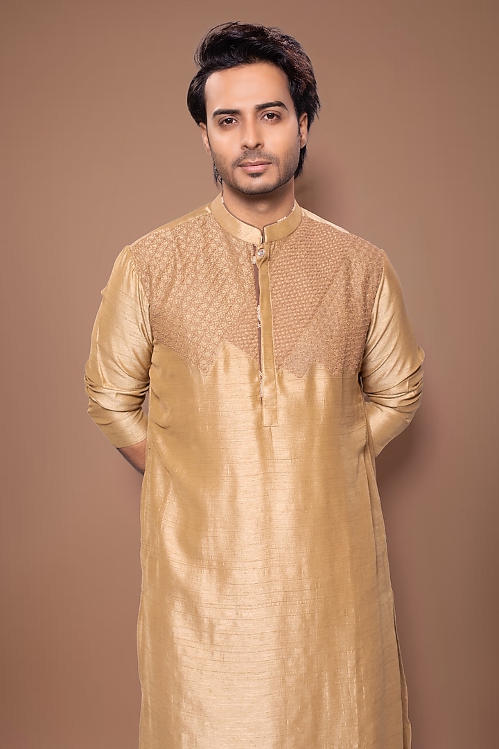 Light Brown Nysa Silk Embroidered Kurta Set by PRIYANKA HARALALKA at Pernia's Pop Up Shop