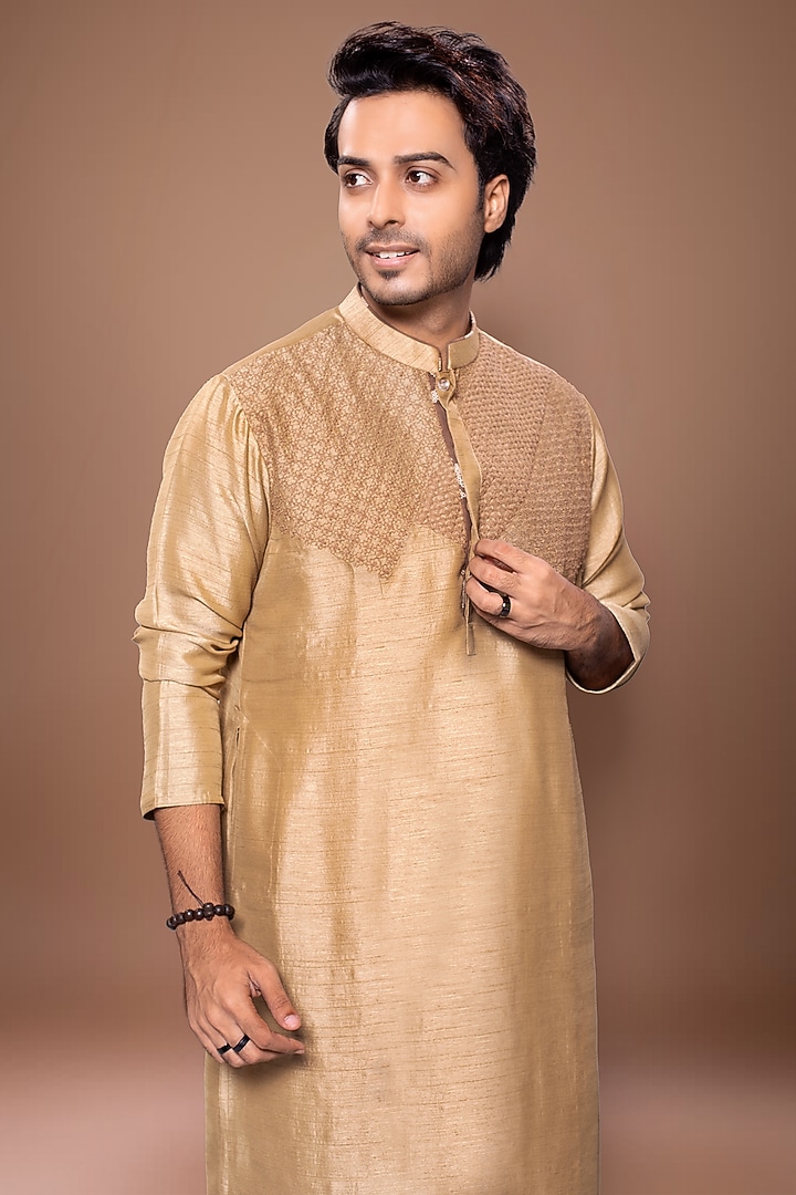 Light Brown Nysa Silk Embroidered Kurta Set by PRIYANKA HARALALKA at Pernia's Pop Up Shop