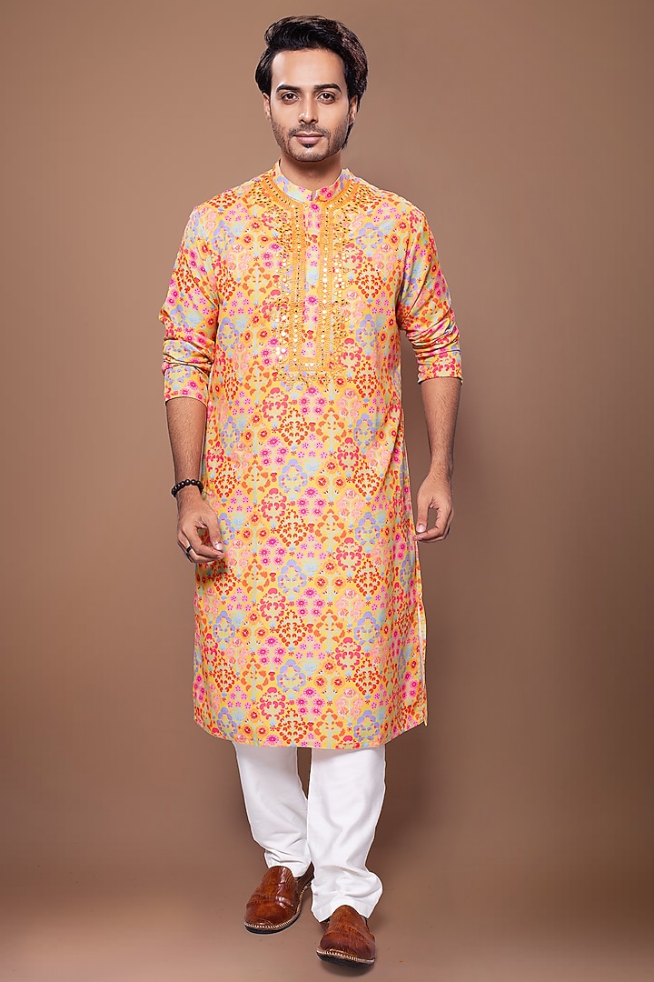 Mustard Cotton Silk Floral Printed & Hand Embroidered Kurta Set by PRIYANKA HARALALKA at Pernia's Pop Up Shop