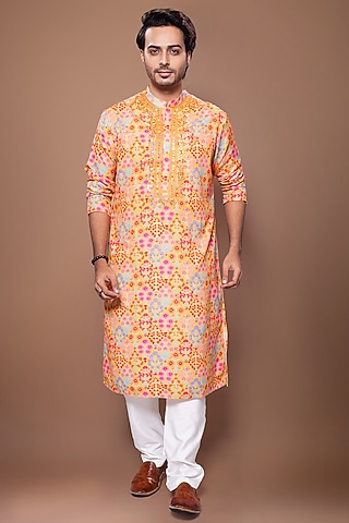 Mustard Cotton Silk Floral Printed & Hand Embroidered Kurta Set by PRIYANKA HARALALKA