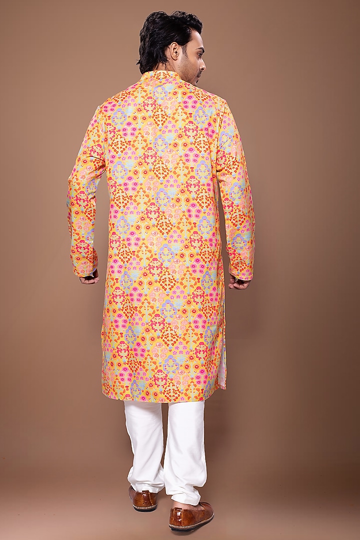 Mustard Cotton Silk Floral Printed & Hand Embroidered Kurta Set by PRIYANKA HARALALKA at Pernia's Pop Up Shop