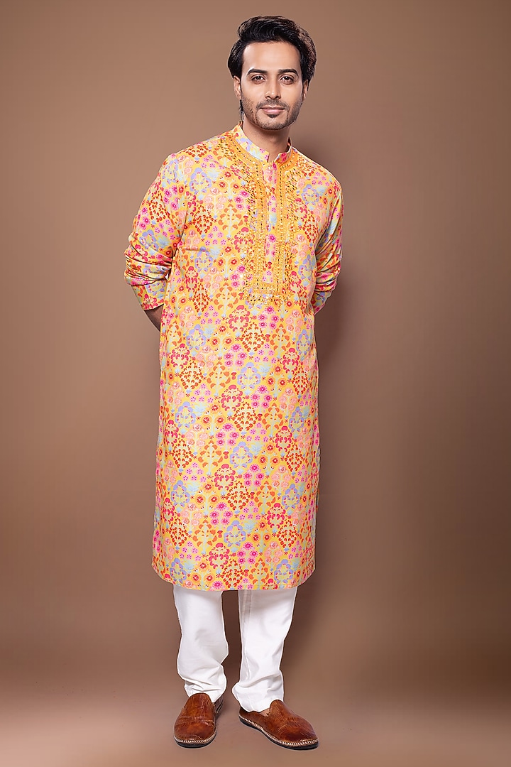 Mustard Cotton Silk Floral Printed & Hand Embroidered Kurta Set by PRIYANKA HARALALKA at Pernia's Pop Up Shop