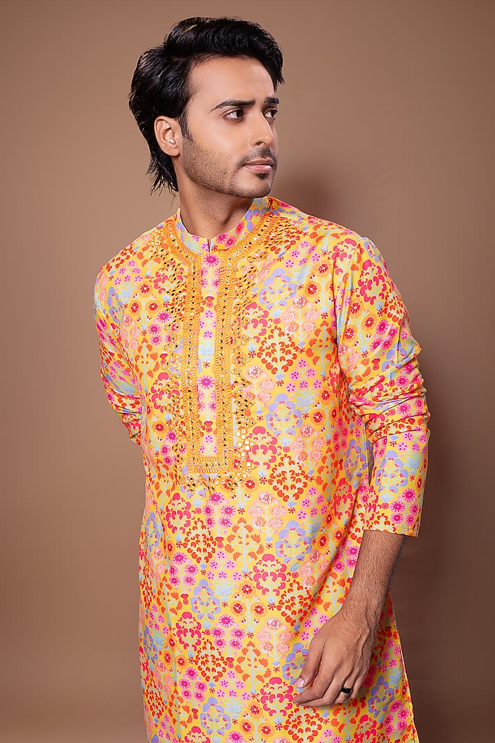 Mustard Cotton Silk Floral Printed & Hand Embroidered Kurta Set by PRIYANKA HARALALKA at Pernia's Pop Up Shop