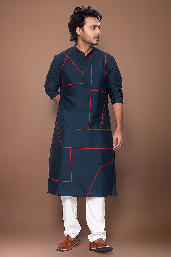 Dark Blue Cotton Silk Kurta Set by PRIYANKA HARALALKA at Pernia's Pop Up Shop