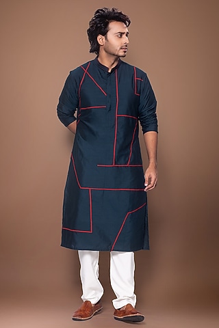Dark Blue Cotton Silk Kurta Set by PRIYANKA HARALALKA
