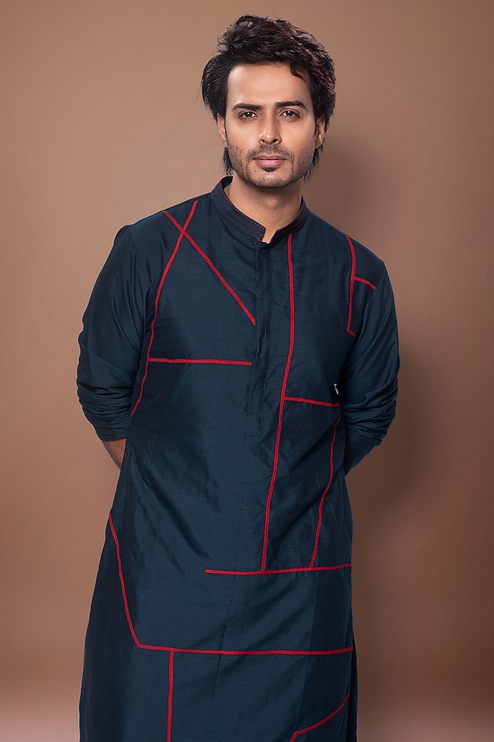 Dark Blue Cotton Silk Kurta Set by PRIYANKA HARALALKA at Pernia's Pop Up Shop