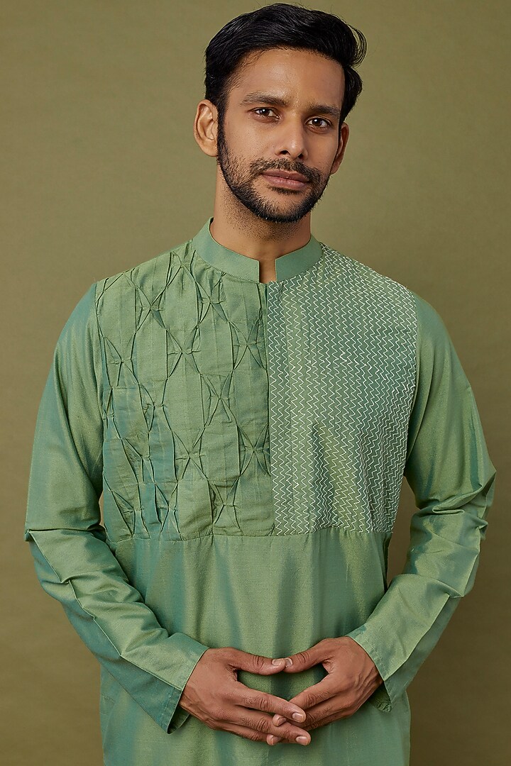 Green Cotton Silk Cord Embroidered Kurta Set by PRIYANKA HARALALKA at Pernia's Pop Up Shop