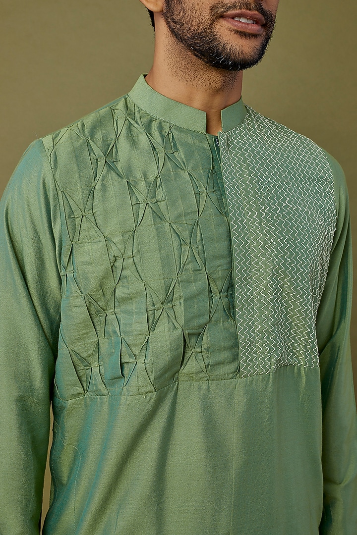 Green Cotton Silk Cord Embroidered Kurta Set by PRIYANKA HARALALKA at Pernia's Pop Up Shop