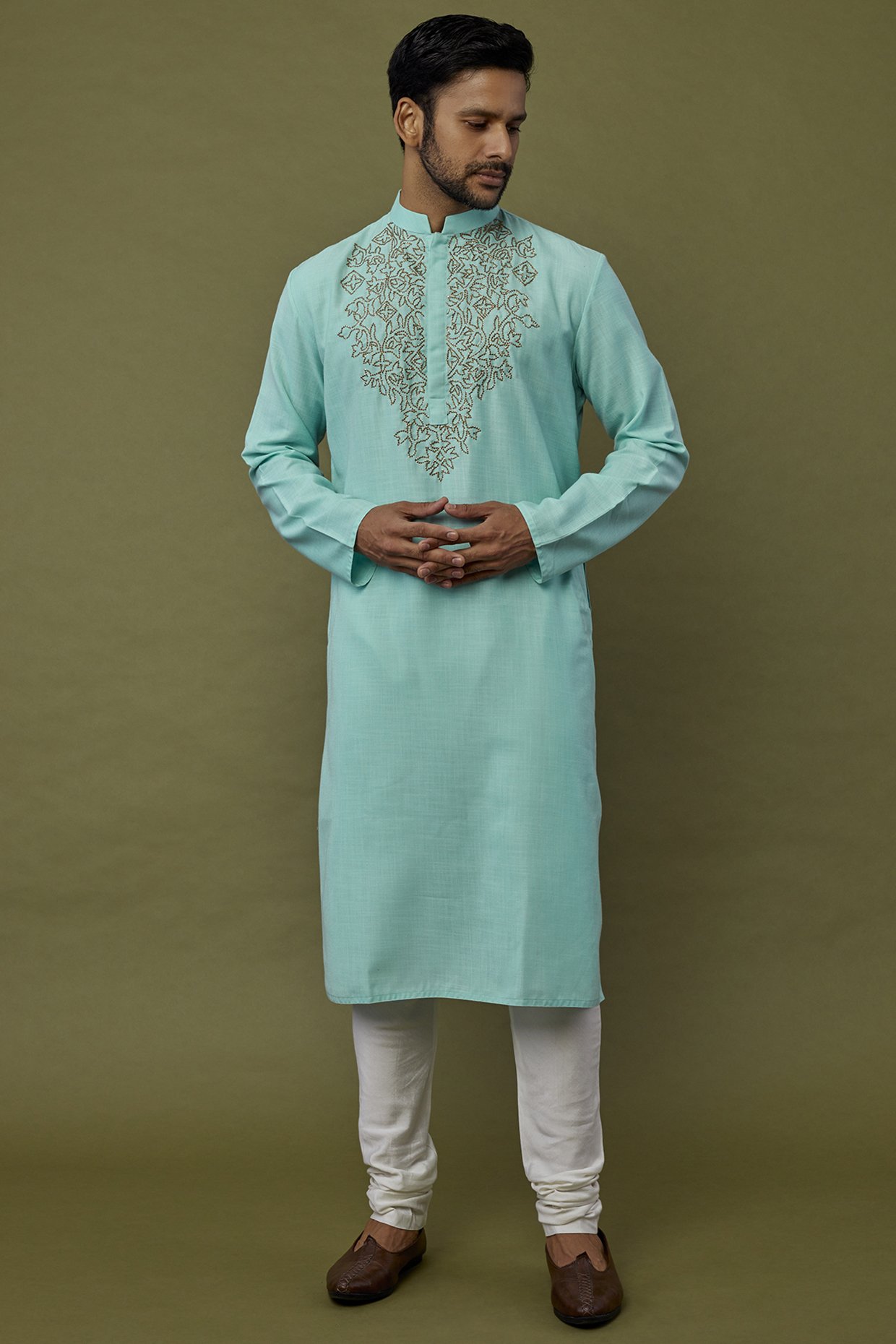 Aqua Blue Hand Embroidered Kurta Set by PRIYANKA HARALALKA