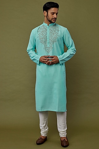 Aqua Blue Hand Embroidered Kurta Set by PRIYANKA HARALALKA
