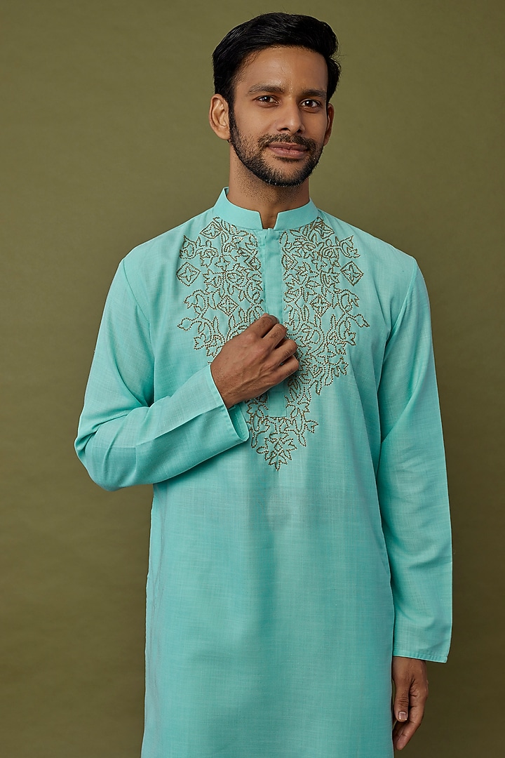Aqua Blue Hand Embroidered Kurta Set by PRIYANKA HARALALKA at Pernia's Pop Up Shop