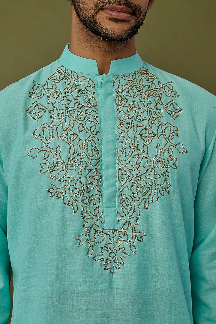 Aqua Blue Hand Embroidered Kurta Set by PRIYANKA HARALALKA at Pernia's Pop Up Shop