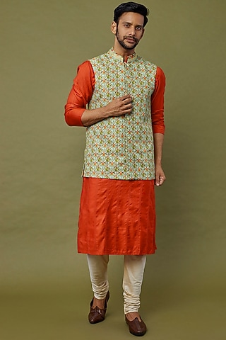 Multi-Colored Silk Printed Bundi Jacket Set by PRIYANKA HARALALKA