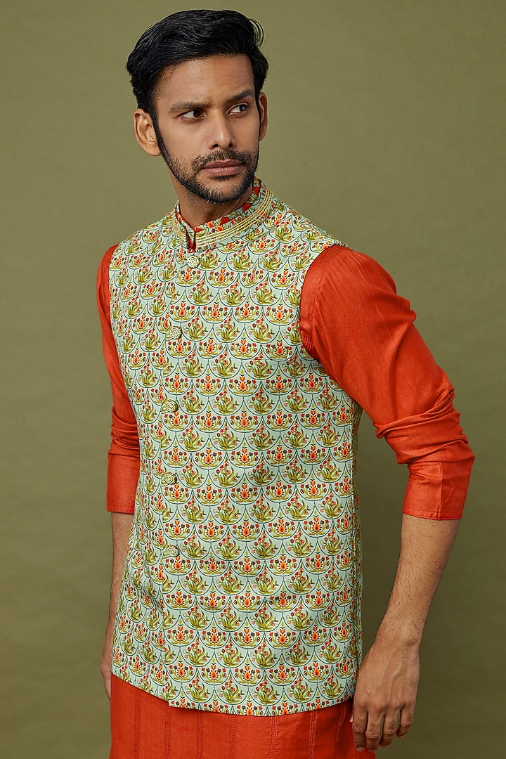 Multi-Colored Silk Printed Bundi Jacket Set by PRIYANKA HARALALKA at Pernia's Pop Up Shop