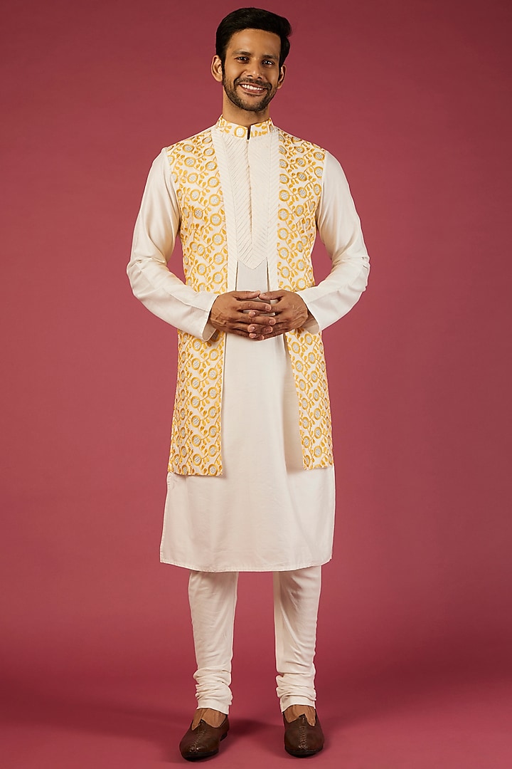 Ivory Katan Silk Kurta With Jacket by PRIYANKA HARALALKA