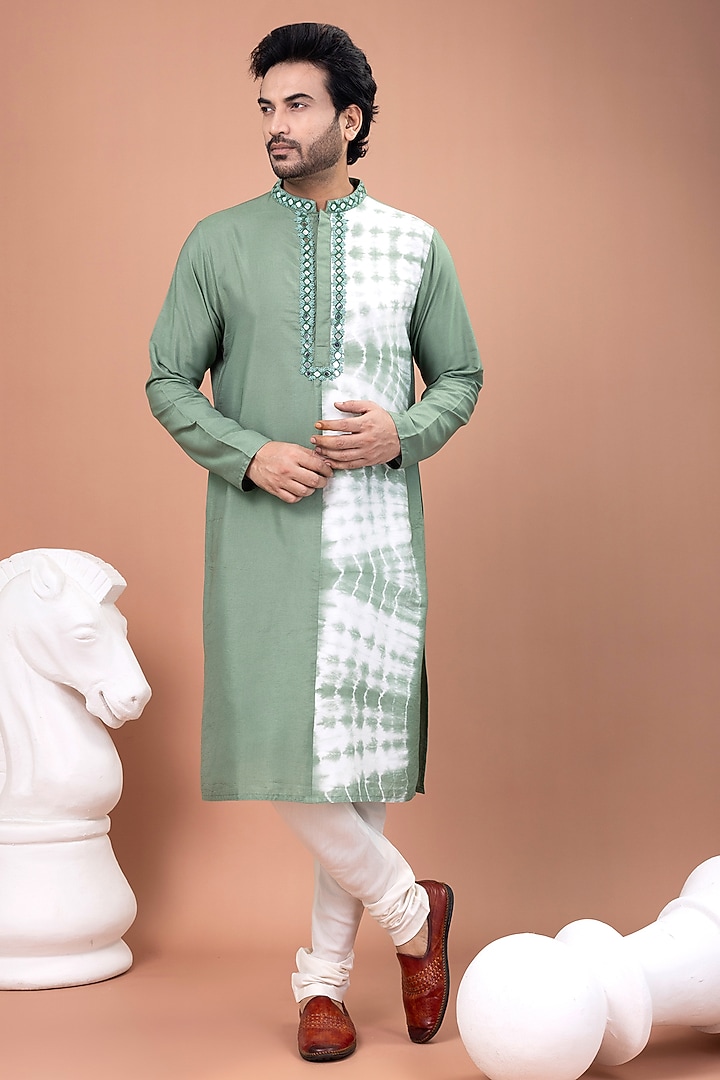 Olive Green Cotton Silk Mirror Work & Tie-Dyed Kurta Set by PRIYANKA HARALALKA at Pernia's Pop Up Shop