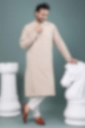 Beige Cotton Silk Applique Embroidered Kurta Set by PRIYANKA HARALALKA at Pernia's Pop Up Shop