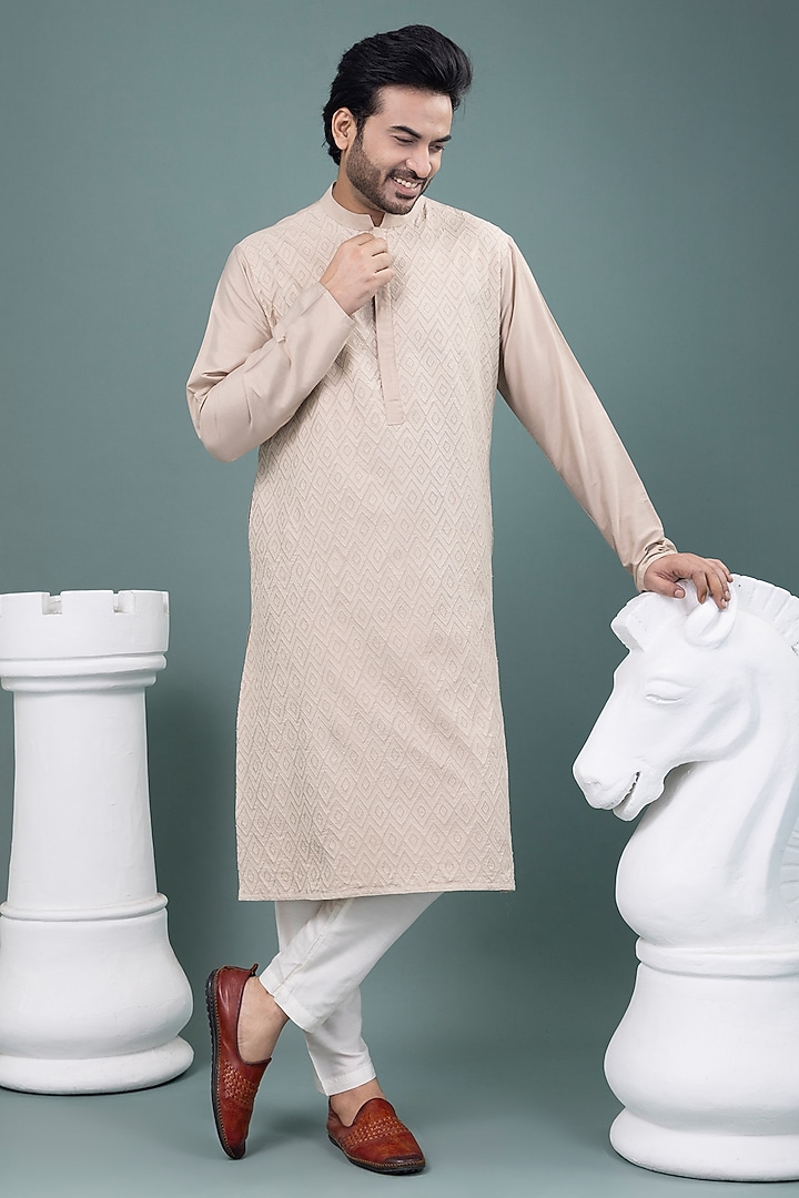 Beige Cotton Silk Applique Embroidered Kurta Set by PRIYANKA HARALALKA at Pernia's Pop Up Shop