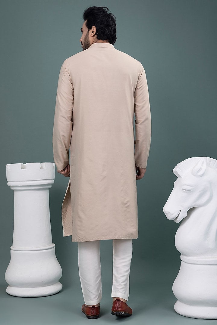 Beige Cotton Silk Applique Embroidered Kurta Set by PRIYANKA HARALALKA at Pernia's Pop Up Shop