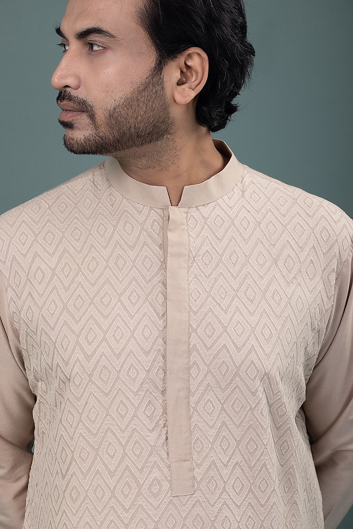 Beige Cotton Silk Applique Embroidered Kurta Set by PRIYANKA HARALALKA at Pernia's Pop Up Shop