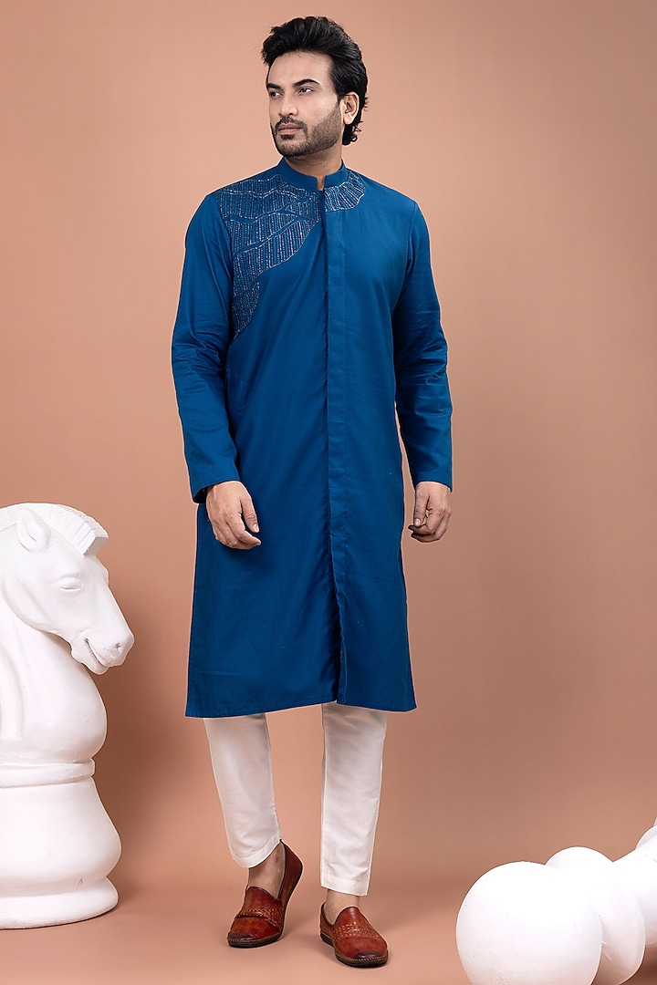 Blue Soft Cotton Hand Embroidered Kurta Set by PRIYANKA HARALALKA at Pernia's Pop Up Shop