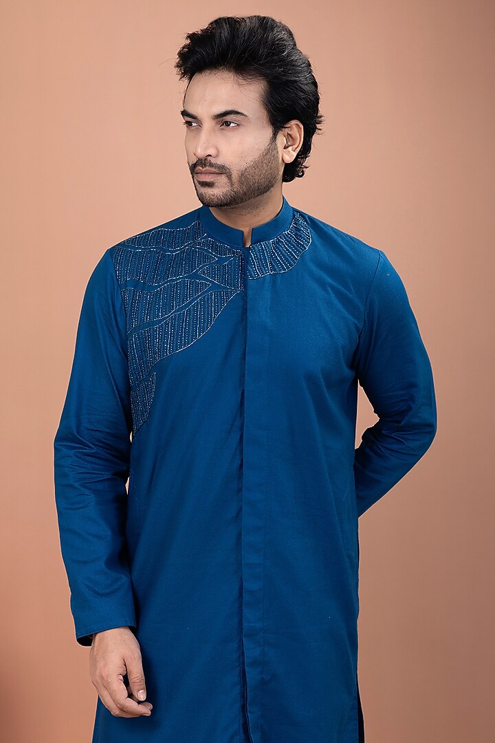 Blue Soft Cotton Hand Embroidered Kurta Set by PRIYANKA HARALALKA at Pernia's Pop Up Shop