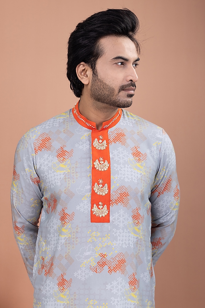 Grey Cotton Printed & Hand Embroidered Kurta Set by PRIYANKA HARALALKA at Pernia's Pop Up Shop