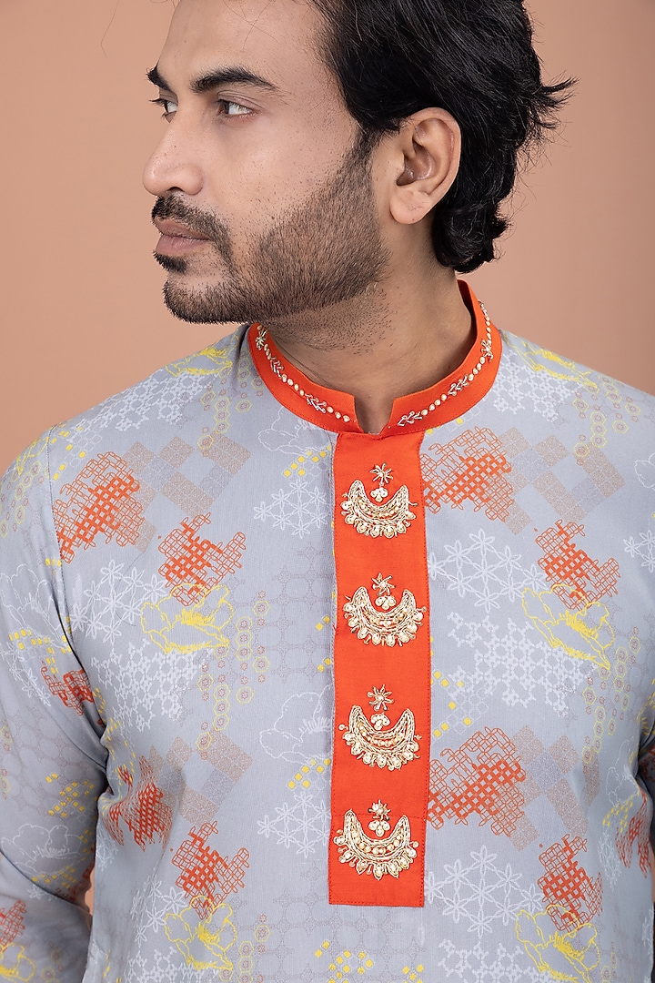 Grey Cotton Printed & Hand Embroidered Kurta Set by PRIYANKA HARALALKA at Pernia's Pop Up Shop