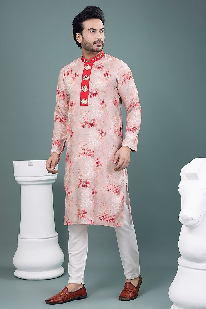 Beige Cotton Printed & Hand Embroidered Kurta Set by PRIYANKA HARALALKA at Pernia's Pop Up Shop