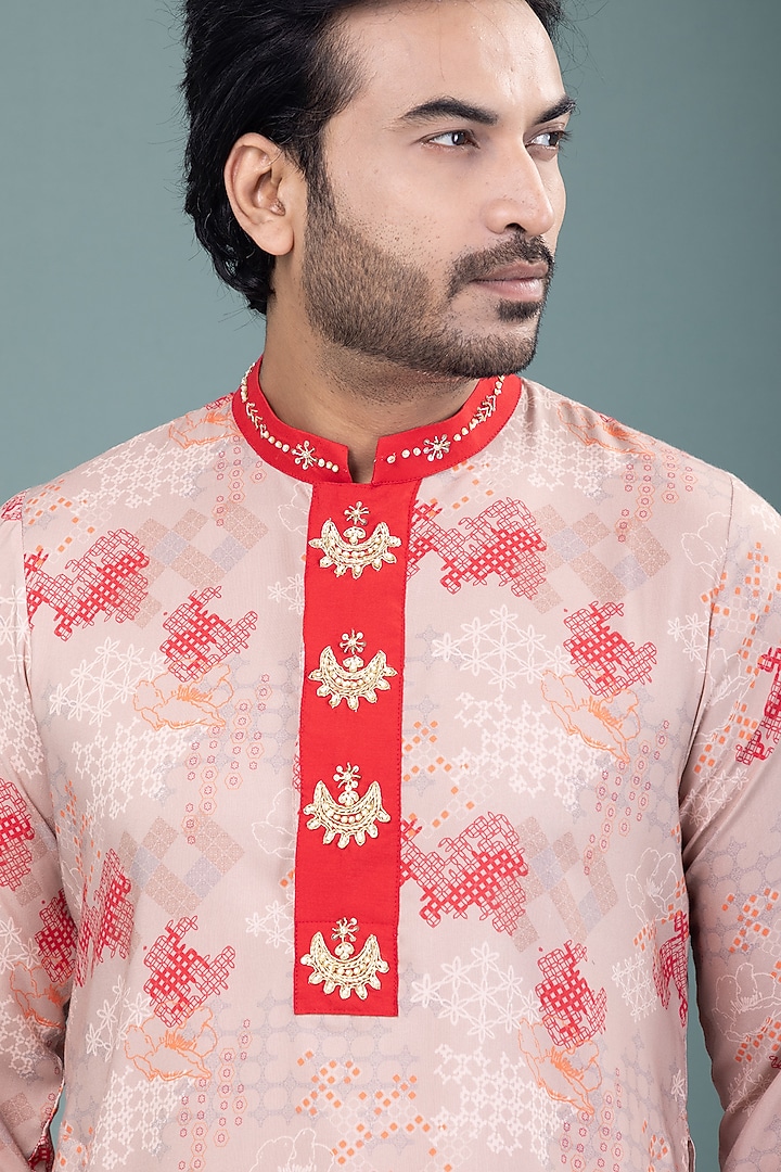 Beige Cotton Printed & Hand Embroidered Kurta Set by PRIYANKA HARALALKA at Pernia's Pop Up Shop