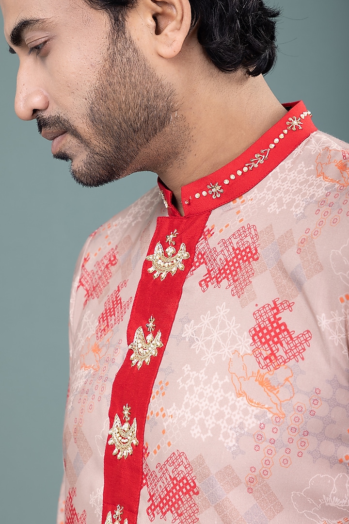 Beige Cotton Printed & Hand Embroidered Kurta Set by PRIYANKA HARALALKA at Pernia's Pop Up Shop