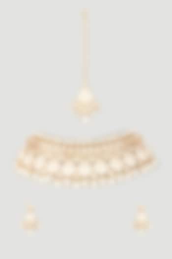 Gold Finish Kundan Polki Meenakari Choker Necklace Set by Prihan Luxury Jewelry