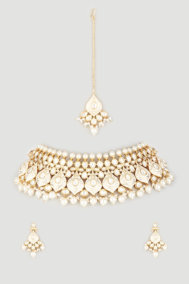 Gold Finish Kundan Polki Meenakari Choker Necklace Set by Prihan Luxury Jewelry
