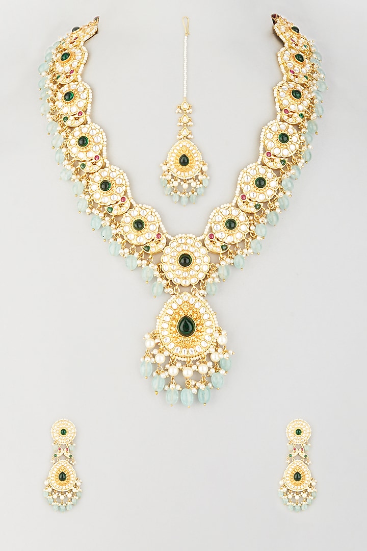 Gold Finish Semi Precious Emerald Long Necklace Set by Prihan Luxury Jewelry at Pernia's Pop Up Shop
