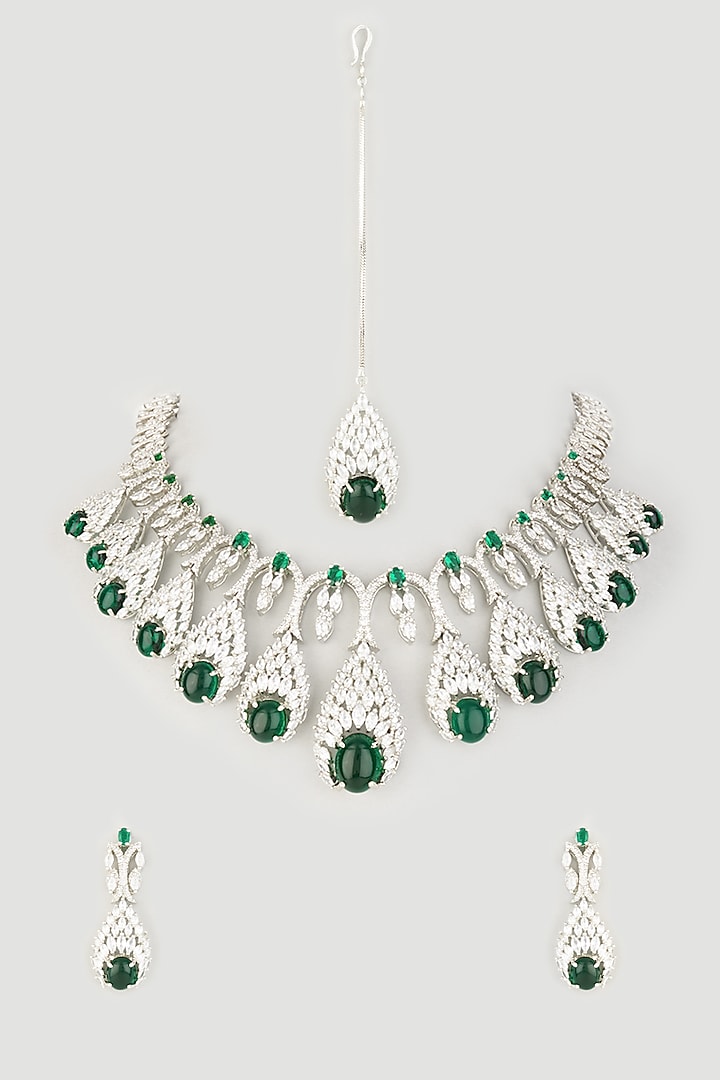 White Finish Semi Precious Emerald & Faux Diamond Necklace Set by Prihan Luxury Jewelry