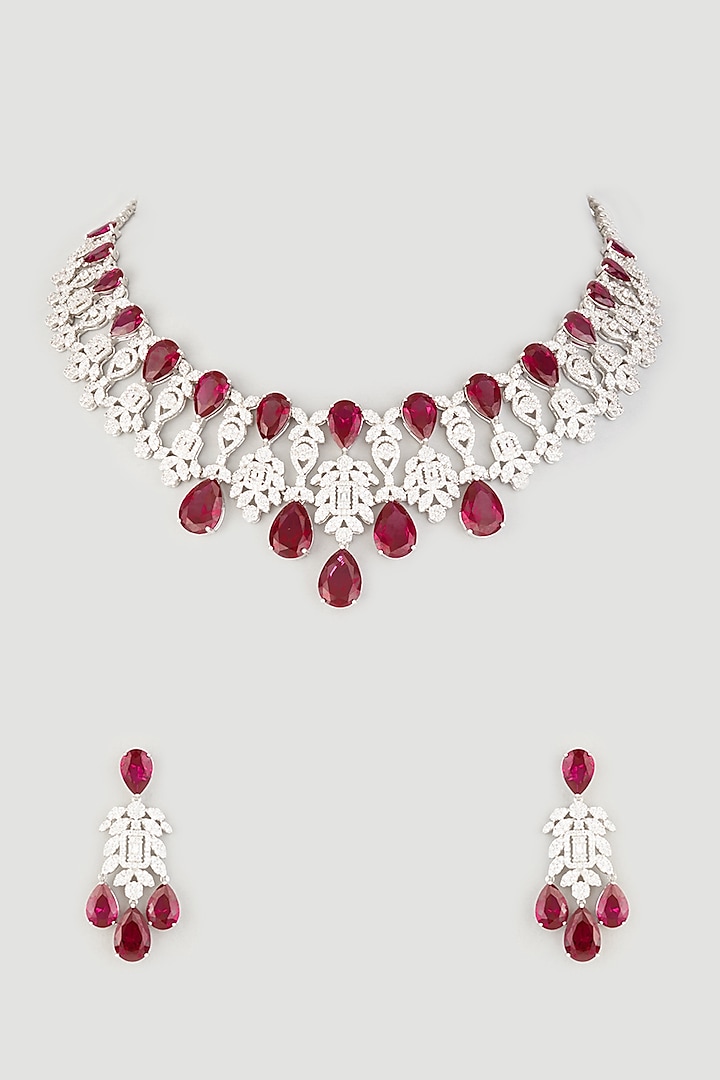 White Finish Semi Precious Semi-Precious Ruby Necklace Set by Prihan Luxury Jewelry